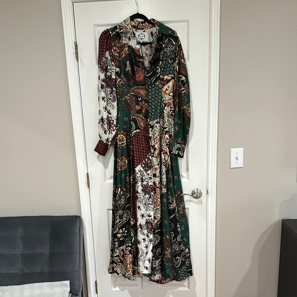 Evi Grintela Green and Brown Buttoned Long Sleeve Shirt Dress